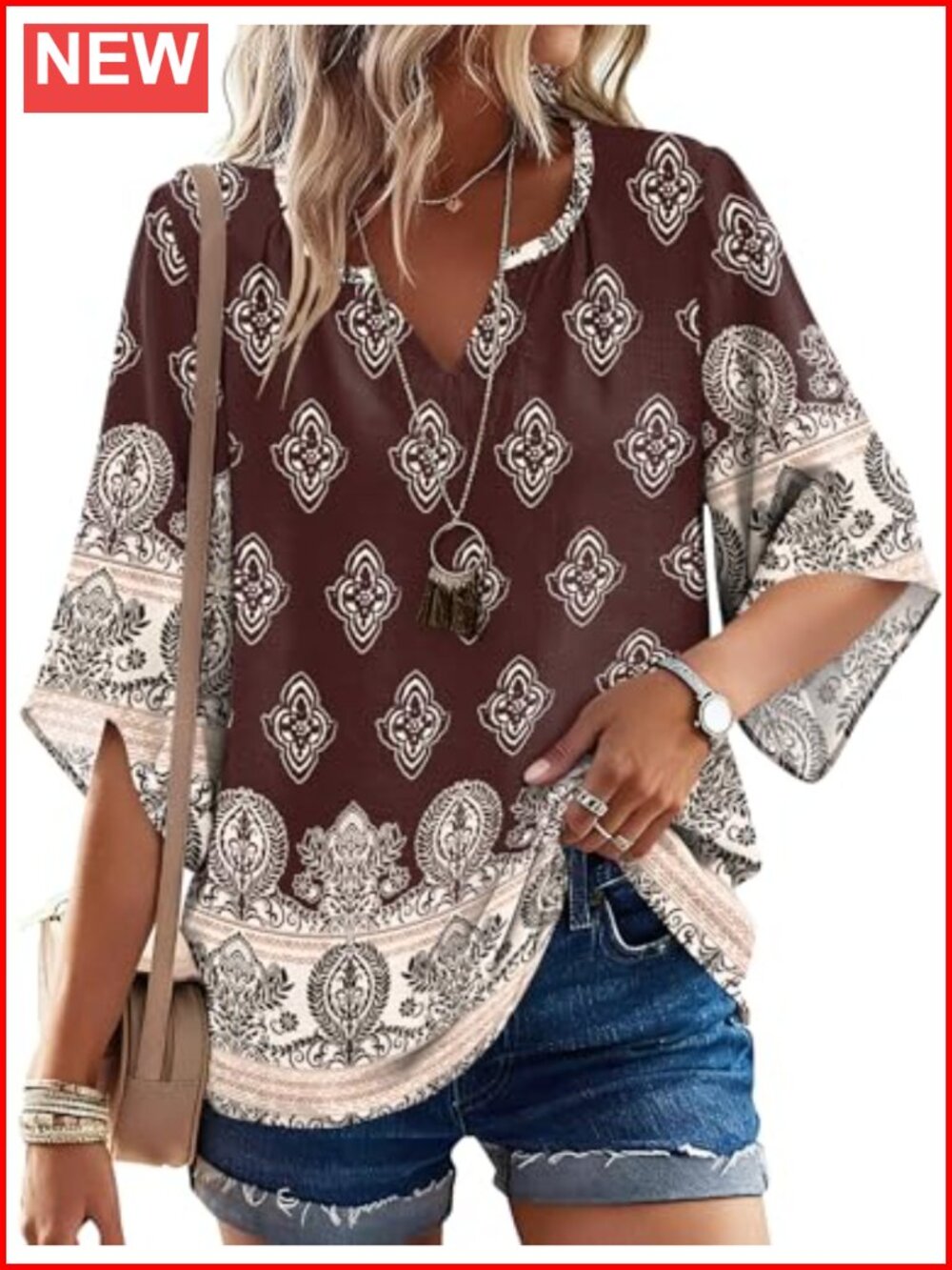 Boho 3/4 Sleeve Tunic Top V Neck Loose Fit Peasant Blouse Rayon Nylon